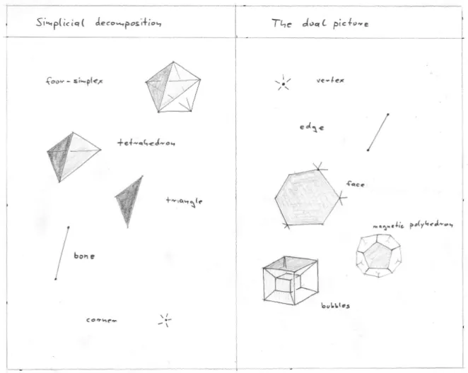 Figure A.1: Left: The building blocks of a simplicial decomposition of four-dimensional space- space-time, right: the corresponding elements of the dual complex.