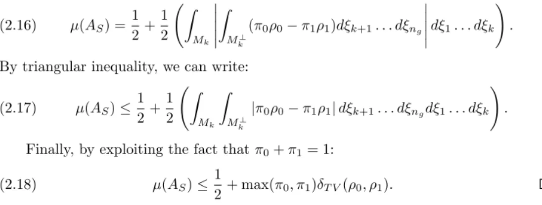 Fig. 1. Section 2.1.1: Example of the pdf of two classes (0 and 1) in the projected space