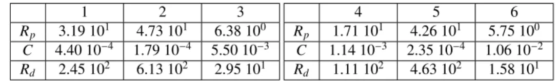 Table 2: R p and R d in g cm −4 s −1 , and C in g −1 cm 4 s 2 for the six Windkessel model outlets of the reference simulation in the complete geometrical model.