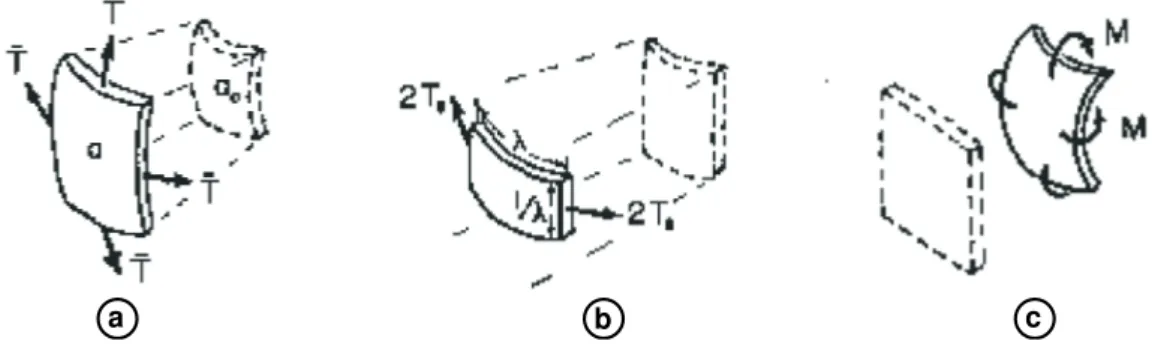 Fig. II.1 - Repr´esentation sch´ematique des trois modes de d´eformation ind´ependant (a) compression/´elongation induisant un changement d’aire, (b) cisaillement induisant une  exten-sion lat´erale `a aire constante, et (c) courbure (adapt´ee de [Bloom et