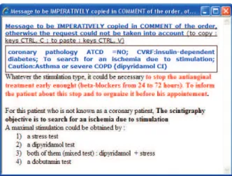 Figure  1: Example  of  a  Myocardial-Scintigraphy-CDSS  display:  a  framed  memo  and  a  text  justifying  the  proposed decision support