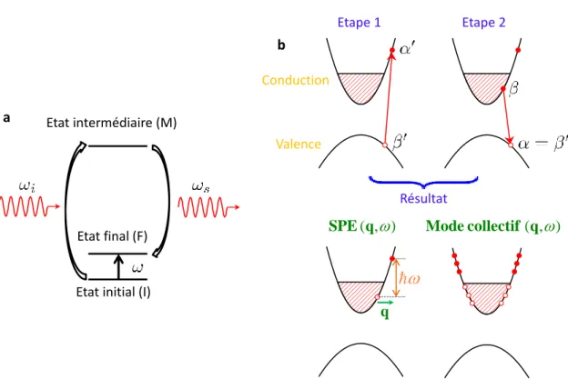 Fig. 3.1. (a), Schéma de principe de la diffusion Raman, conduisant à un transfert d’énergie