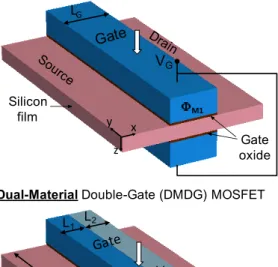 Fig. 1. Schematic description of the simulated symmetrical  SMDG and DMDG devices. For a better view, spacers and 