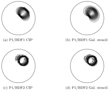 Figure 4: Contour lines for final solutions using piecewise affine finite elements and different backward differentiation formulas, with (”Gal.”) or without (CIP) extrapolation time discretization