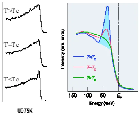 Fig. 1.27 – Evolution des spectres ARPES (EDC) en fonction de la temp´erature dans un