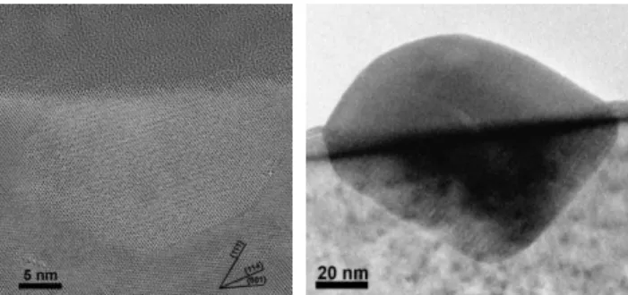 Figure  1 Precipitates observed in Fe-implanted silicon sub- sub-strate (fluence: 1.0×10 15  cm −2 ) and dry-oxidized at 900 °C during  a) 5 min (left) and b) 10 hours (right)