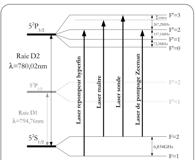 Fig. 2.2 – Structure fine et hyperfine de l’atome de 87 Rb. La structure Zeeman n’est pas indiquée sur ce schéma