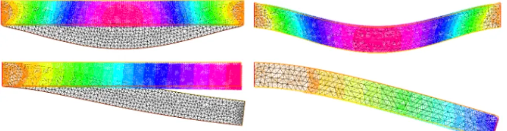 Fig. 1 Top: Maximum bent under its own weight for the formulation in the initial domain (left) and for the formulation in the moving domain (right)