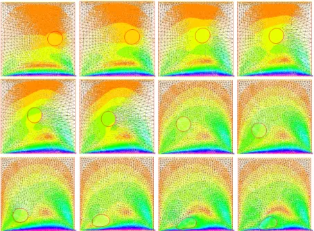Fig. 4 Free motion of an hyperelastic incompressible solid submitted to its own weight and to the force due to the rotation of the fluid induced by the sliding lower horizontal boundary.