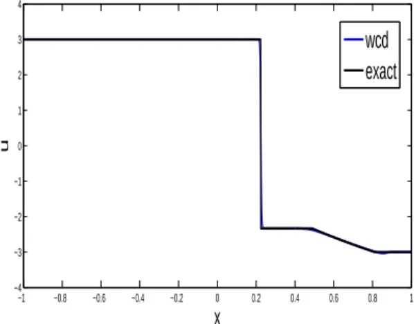 Fig. 14: Numerical results at t = 0.03 of the WCD method for the Riemann problem (4.4) with