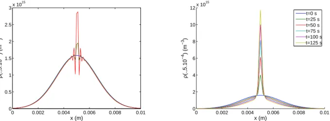 Figure 2: Dynamis of the density ρ(t, x, ℓ y /2) when the turning kernel depends only on ∂ x S