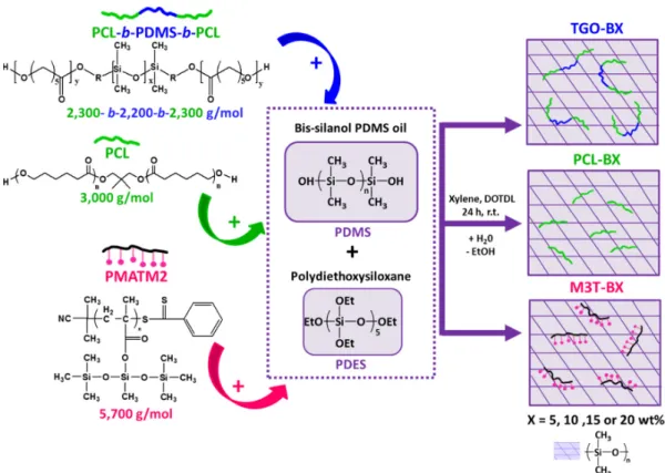 Figure 1. General pathway for the preparation of hydrolyzable additive-based silicone elastomers, by  blending hydrolyzable polymers into a silicone condensation cure system composed of  polydiethoxysiloxane, bis-silanol poly(dimethylsiloxane) (PDMS) oil a