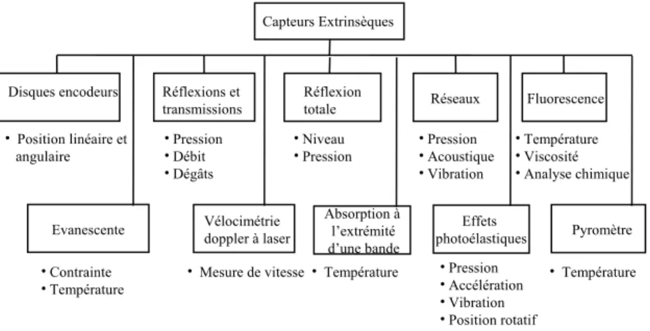 Fig. 1.6: Classification des capteurs extrins`eques et les diff´erentes grandeurs mesur´ees.