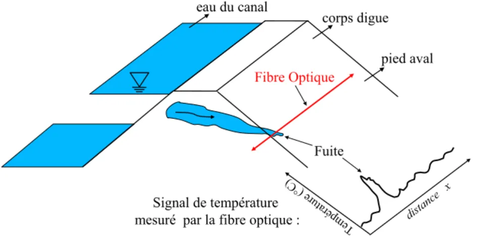 Fig. 1.12: Principe de la d´etection d’une fuite en mesurant la temp´erature par fibre optique.