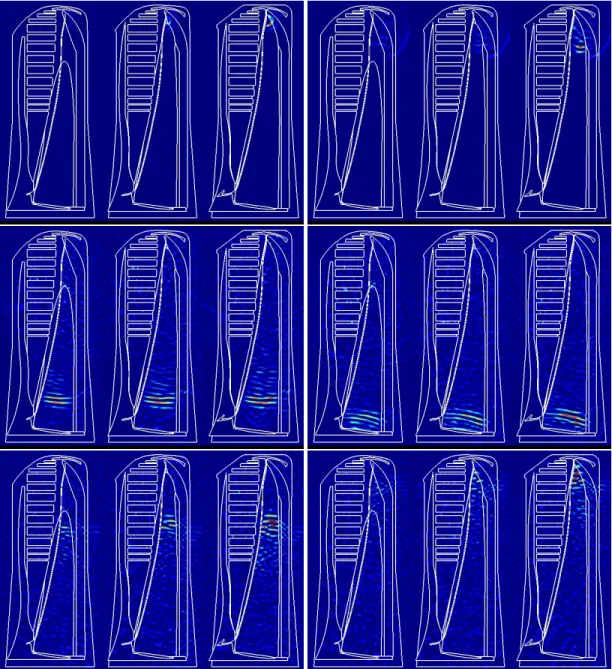 Figure 4. Multiple frames of the simulation, with the stress component (normalized) being plotted.