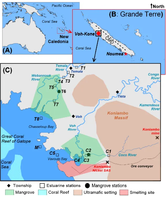 Figure 1: Map of New Caledonia (A), the two regions under investigation: Voh-Kone region (red  circle) and four rivers in the Southeast of Grande Terre (red star), around Noumea (B), and a  zoom into the Voh-Kone region with sampling locations (C)