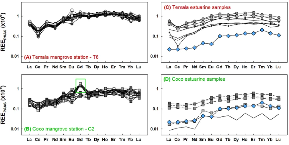 Figure 4: Rare earth element patterns in the waters of the mangrove stations (T6 and C2) at Temala (A) and Coco (B), and across the estuarine  mixing of Temala (C) and Coco (D)