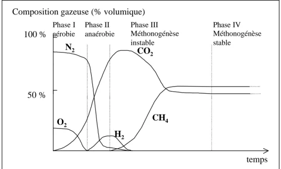 Figure A1 : Evolution typique de la composition du biogaz d'une décharge (Farquhar and  Rovers, 1997)