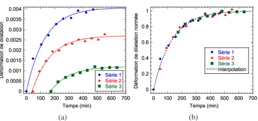 Figure 5. Évolution de la déformation de dilatation en fonction du temps pour trois séries d’acquisitions (a)