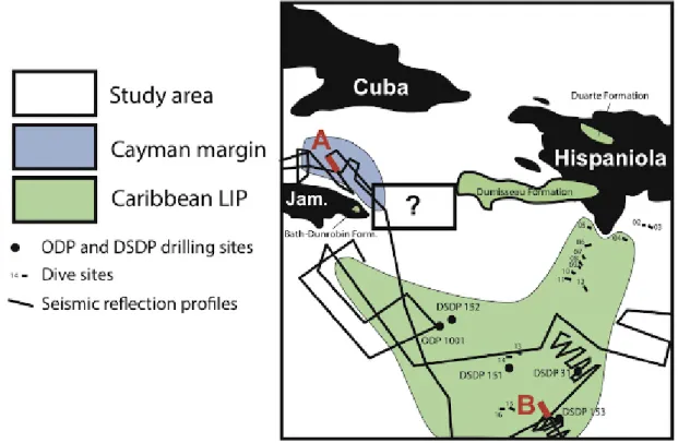 Figure 1.7 – Map of the extent of the Caribbean LIP and eastern Cayman Trough passive margin in the Jamaica passage (Corbeau et al., 2016)