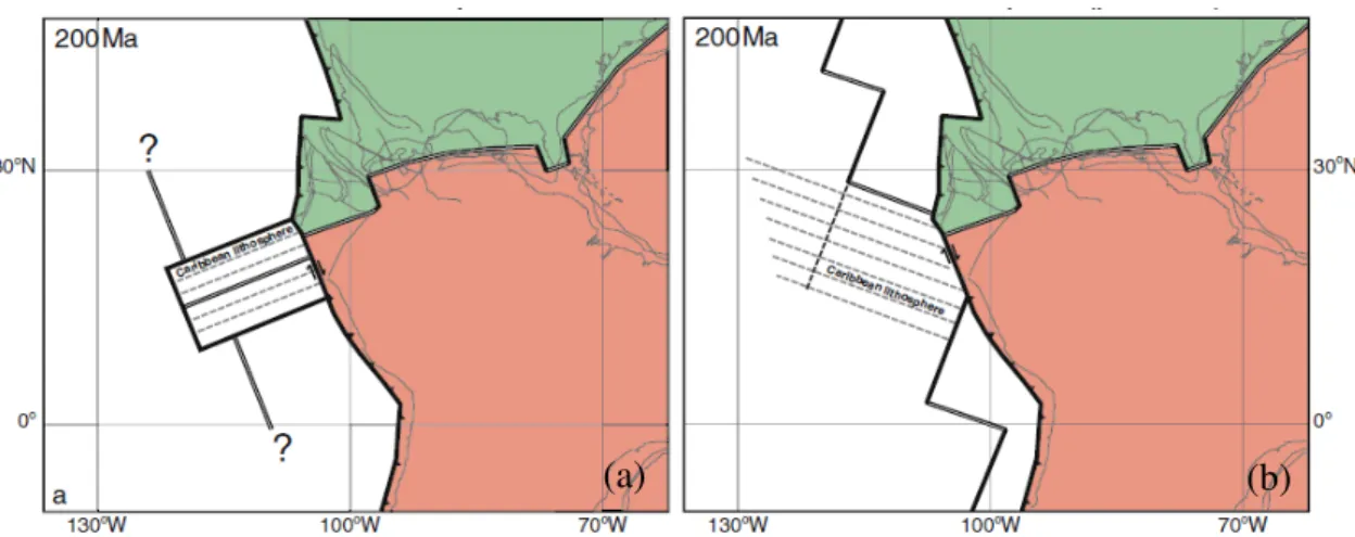 Figure 1.9 – Conceptual plate boundary conﬁgurations illustrating the origin of the Caribbean lithosphere at 200 Ma