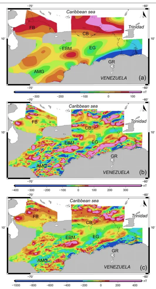 Figure 2.21 – Aeromagnetic maps over Venezuela from processed magnetic anomalies (Legend: (a) Long wavelength map, (b) Short wavelength map, (c) Total magnetic anomaly map); Acronyms: