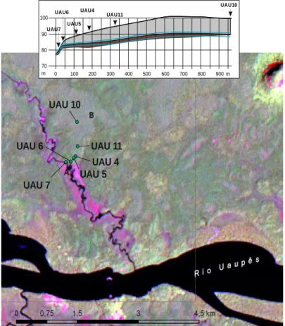 Figure 6 : Situation des profils de la zone-test 9 (Rio Uaupês) et  topographie de la séquence étudiée (composition Landsat ETM 5, 4, 3 - 