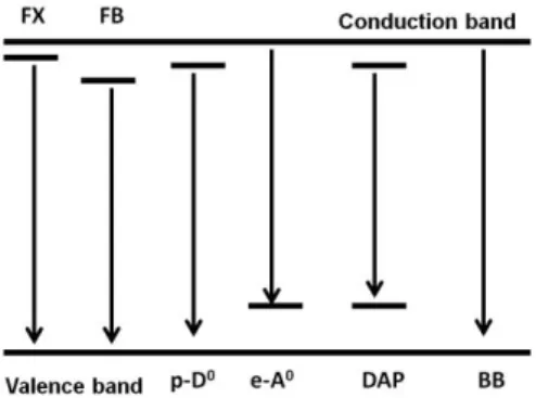 Figure  5.  Schematic  representation  of  the  different  origins  of  transitions  that  can  be  observed  by  photoluminescence  measurements