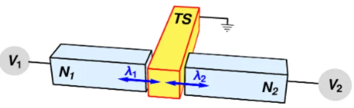 FIG. 1. Schematic view of the setup: a grounded TS nanowire is tunnel coupled (with hopping amplitudes λ 1 , λ 2 ) to two normal-conducting (N 1 , N 2 ) leads which are biased at voltages V 1 and V 2 , respectively.