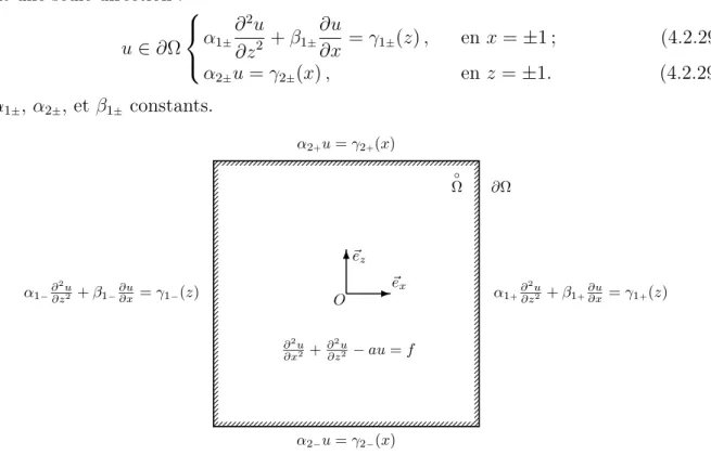 Figure 4.1 – Problème de Helmholtz scalaire à deux dimensions, à conditions de Dirichlet suivant ~e z et mixtes en dérivées suivant ~e x .