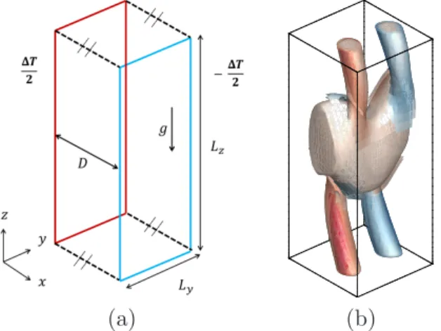 Figure 1 – (a) Study domain (b) Q-criterion visualization of flow structure at Ra = 11500, Q = 0.12 The fluid properties of air are the kinetic viscosity ν, thermal diffusivity κ, and thermal expansion coefficient β