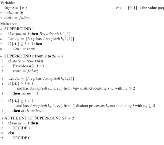 Fig. 3. Synchronous Byzantine Agreement algorithm with at most k forgeable identifiers and at most t Byzantine processes