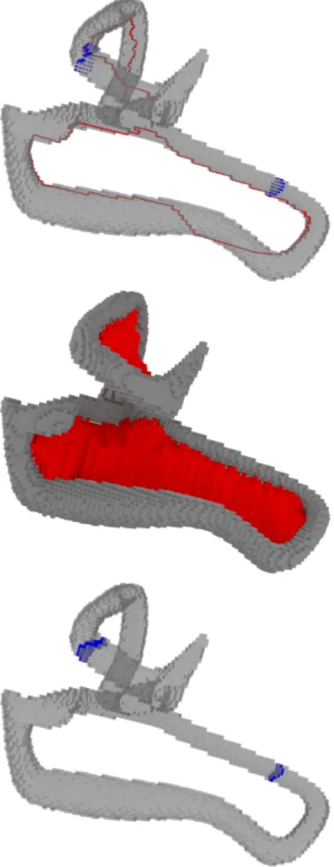 Figure 2: Haut : générateurs d’homologie (rouge) et coho- coho-mologie (bleu) d’un volume