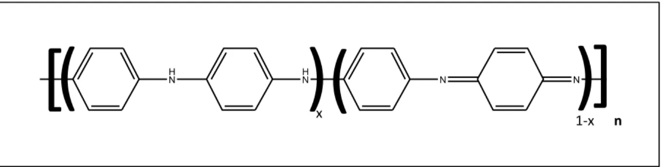 Figure I.3 : Structure générale de la polyaniline. La valeur de x définit le degré d’oxydation  du polymère [11]