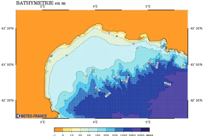 Figure 42 : Bathymétrie de la zone sur laquelle les images sont simulées (en m)   (Source : http://www.meteorologie.eu.org) 