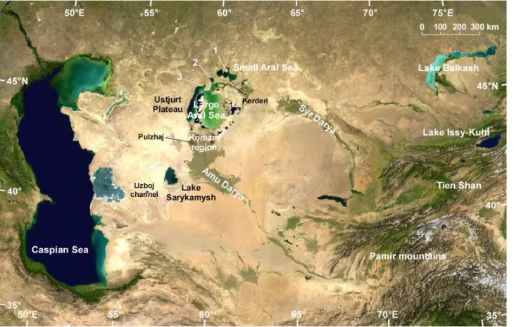 Figure 1.1:  The Aral Sea, located in Central Asia, with the main tributaries Amu Darya and  Syr Darya, and the coring locations