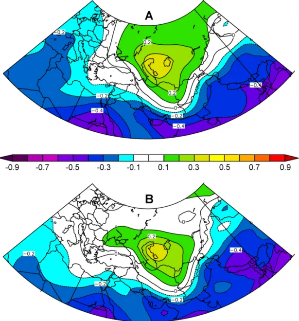Figure 1.7:  Correlation maps of 1000-hPa geopotential height for December–February  (DJF) (1949–2005) with Southern Oscillation Index (SOI) time series