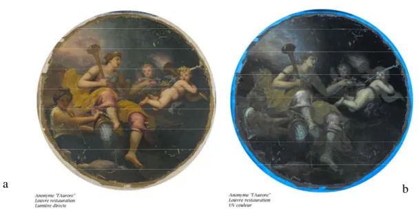 Figure 5 : Clichés  en couleur sous lumière blanche (a) et sous UV(b)  d’un tableau appartenant au  musée du Louvre (artiste inconnu) – Photo E
