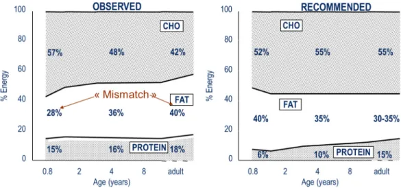 Figure 3. Actual nutrient consumption according to age (ELANCE Study) [11], and  recommended intakes
