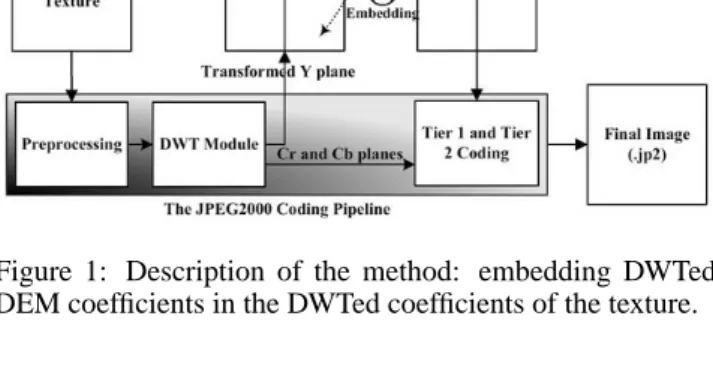 Figure 1: Description of the method: embedding DWTed DEM coefficients in the DWTed coefficients of the texture.