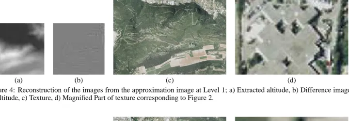 Figure 4: Reconstruction of the images from the approximation image at Level 1; a) Extracted altitude, b) Difference image of altitude, c) Texture, d) Magnified Part of texture corresponding to Figure 2.