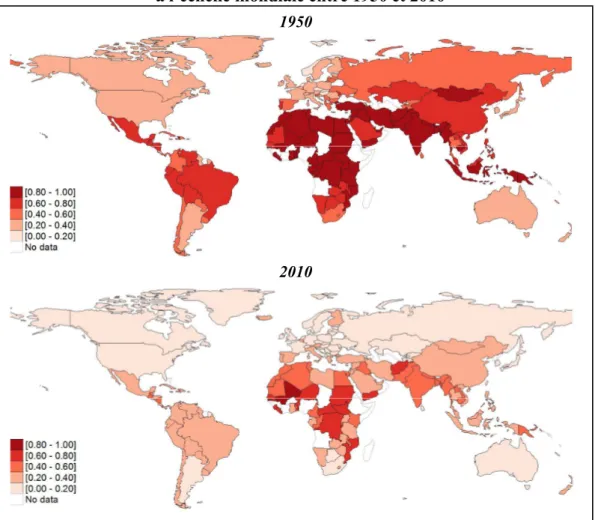 Figure  2 : Indice de Gini de l’éducation de la population âgée de 15 ans et plus  à l’échelle mondiale entre 1950 et 2010 