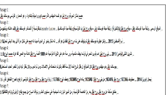 Figure 4: Example of a text containing an answer to the following  question: " ؟ لفيا جرب نوص يه " (Who designed the Eiffel Tower?) 