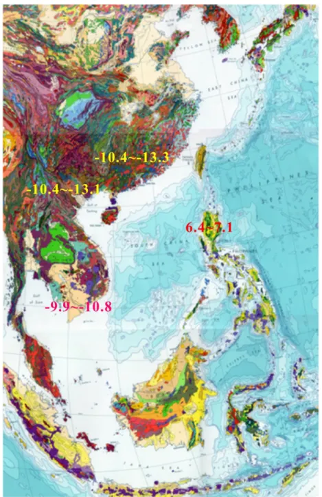 Fig. 1.19a.  Geological map of SE Asia .  εNd  from the main Asian rivers delivering  sediments to the SCS have been included (Liu et al., 2007; Goldstein et al., 1984, Goldstein  and Jacobsen, 1988)