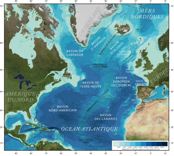 Figure 2 : Carte géomorphologique de l’Atlantique Nord. Fond de carte et bathymétrie GEBCO.