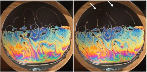 Figure 10: “Bubbles” of black film trapped inside the iridescent film, and drops and filaments of iridescent film inside the black film region (colours online)