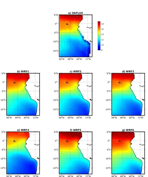 Fig. 2.8 Mean water vapor mixing ratio for the year 2008 (in g kg −1 ) from a) OAFLUX observations and b)-g) WRF sensivity experiments.