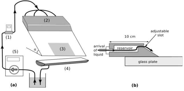 FIG. 2: (a): sketch of the experimental setup: the flow rate is measured by a flow meter (1) before the liquid reaches the slot injector (2)