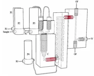 Fig. 1. Schema of the MPFS system with the three 3D printed units. C: resin column, R1: nitric  2 