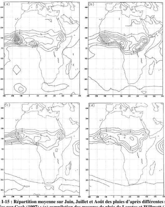 Figure I-15 : Répartition moyenne sur Juin, Juillet et Août des pluies d’après différentes sources  regroupées par Cook (1997) : (a) compilation des mesures de pluie de Legates et Willmott (1990), (b) 